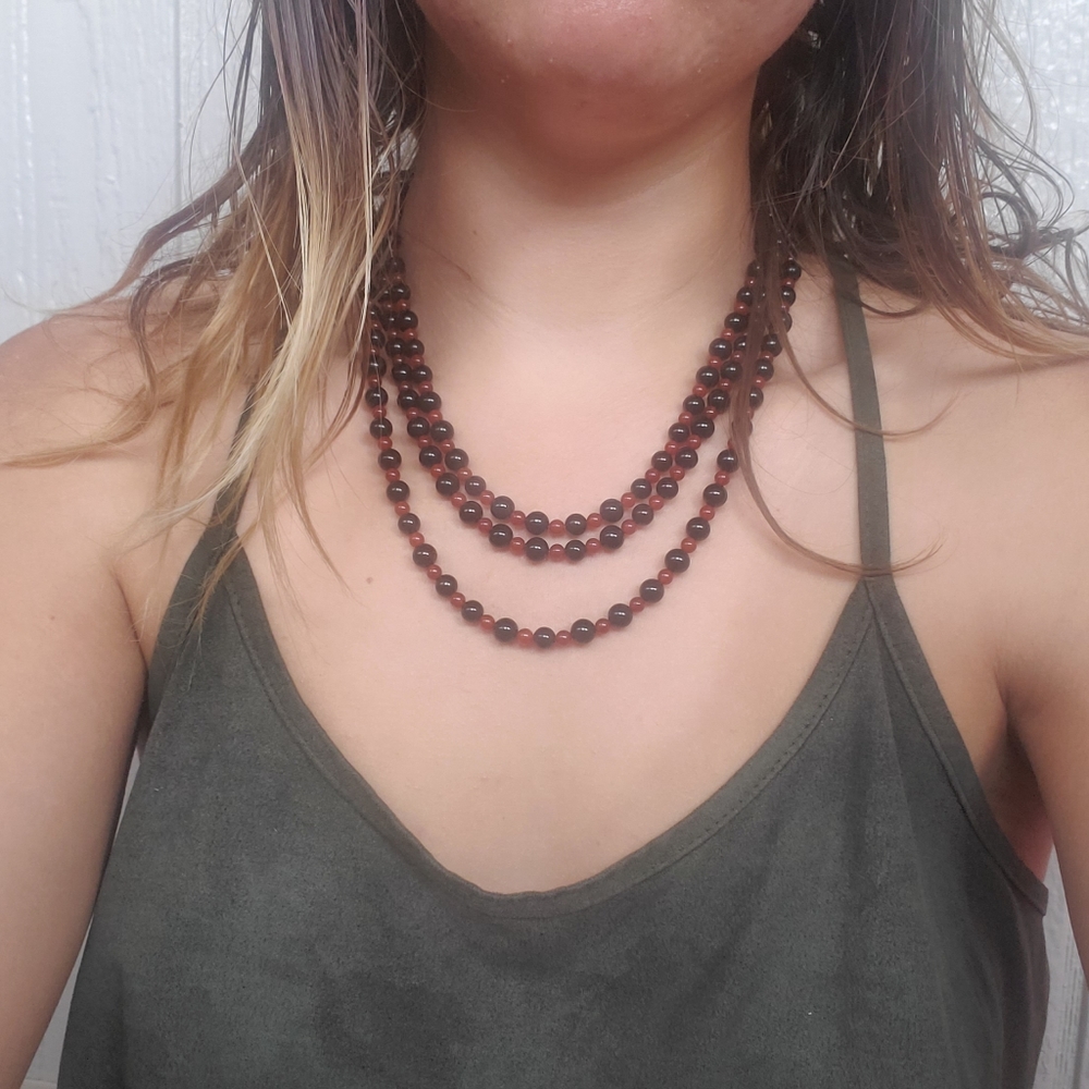 Triple-Strand Onxy and Carnelian Beaded Necklace